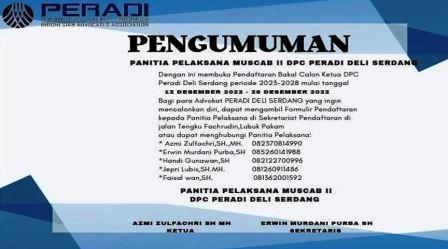 Lanjutkan Masa Kepengurusan, Muscab Ke-ll Peradi Deli Serdang Gelar Penjaringan dan Pendaftaran Calon Ketua DPC Peradi Deli Serdang Priode 2023–2028